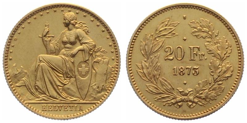 „Schweiz 20 Franken 1873 – 3 Punkt Probe in Gold“